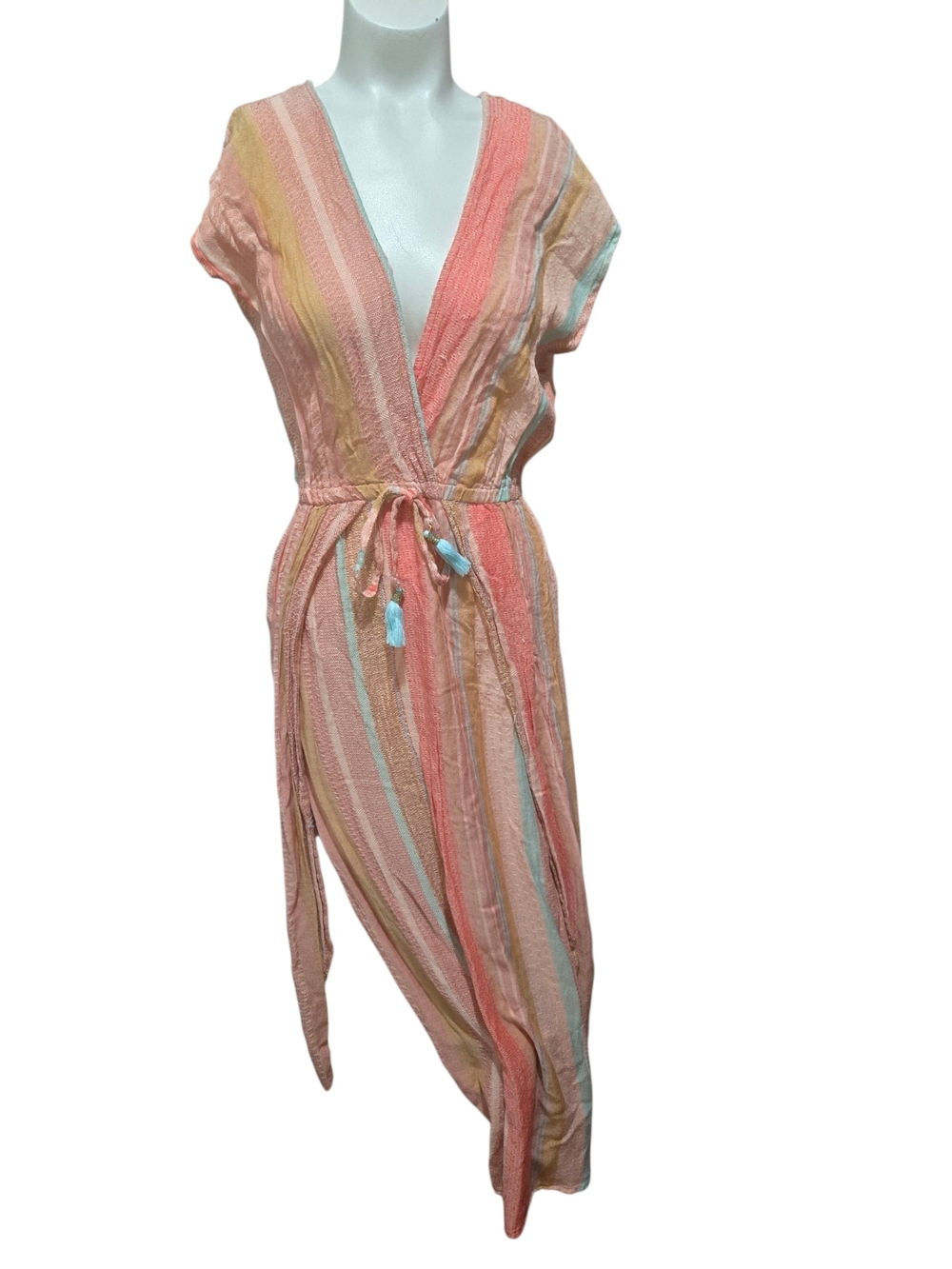 Blue Island Coral Multicolor Striped Metallic Midi Dress S